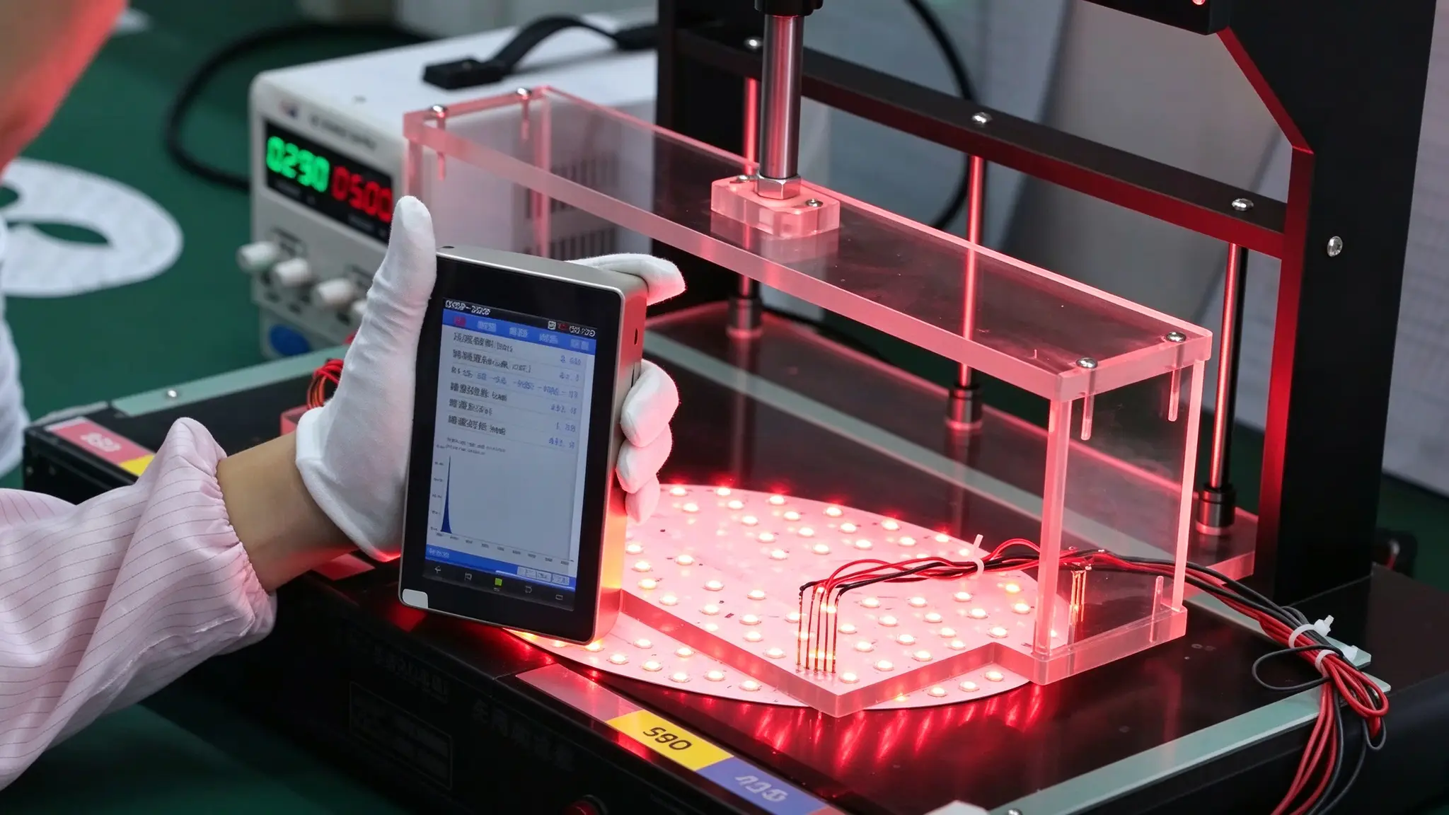 Engineer testing spectrum and irradiance of LED red light therapy panel with portable spectrophotometer in factory lab