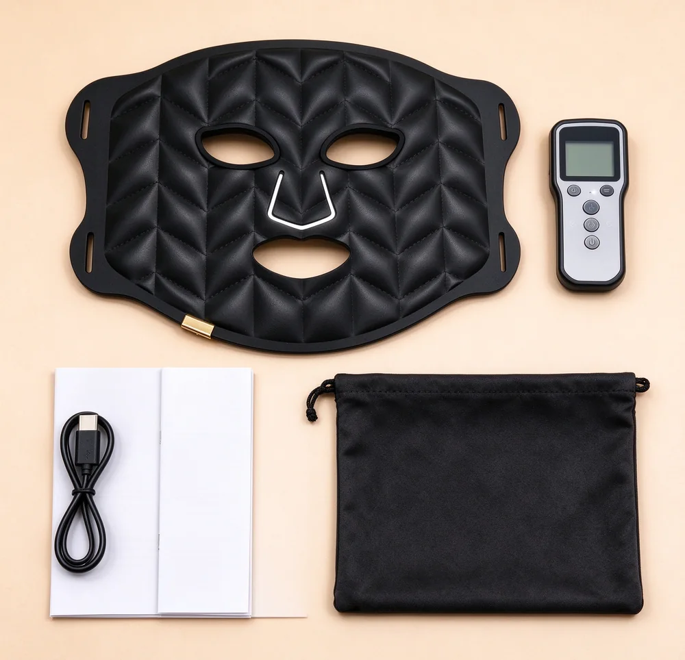 Qcured LED face mask package contents with remote control USB cable manual and storage bag