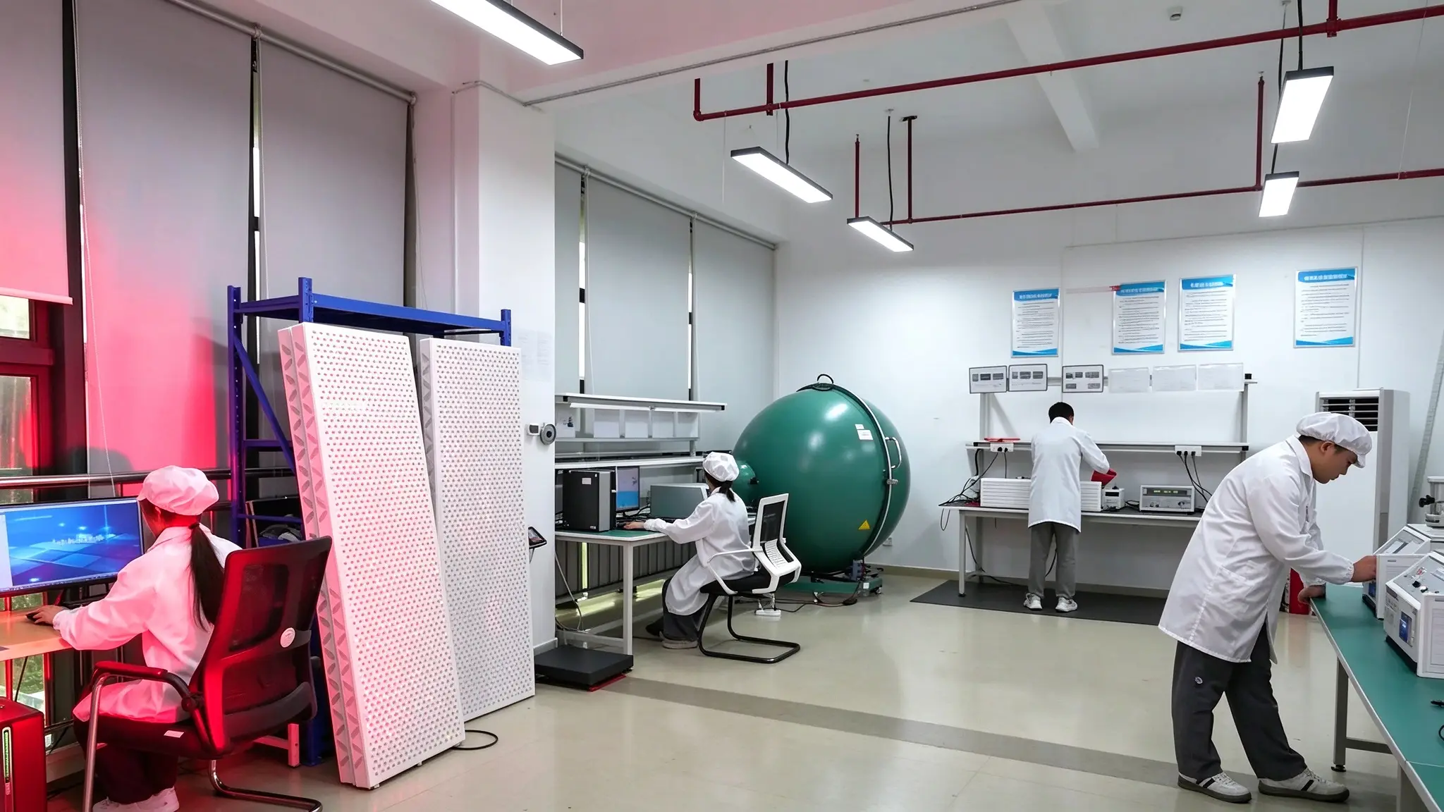 Red light therapy product optical testing laboratory, engineers test LED panels with integrating sphere spectrophotometer equipment