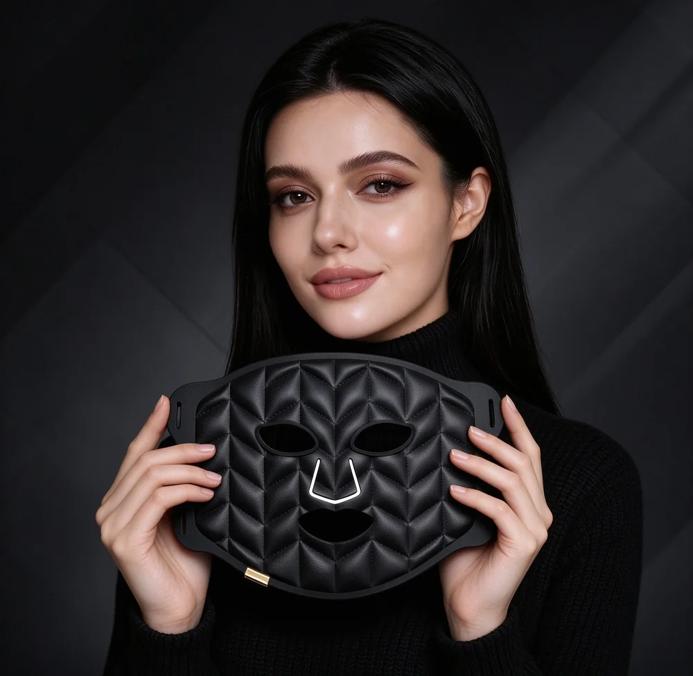 Woman holding Qcured quilted silicone and PU red light LED face mask