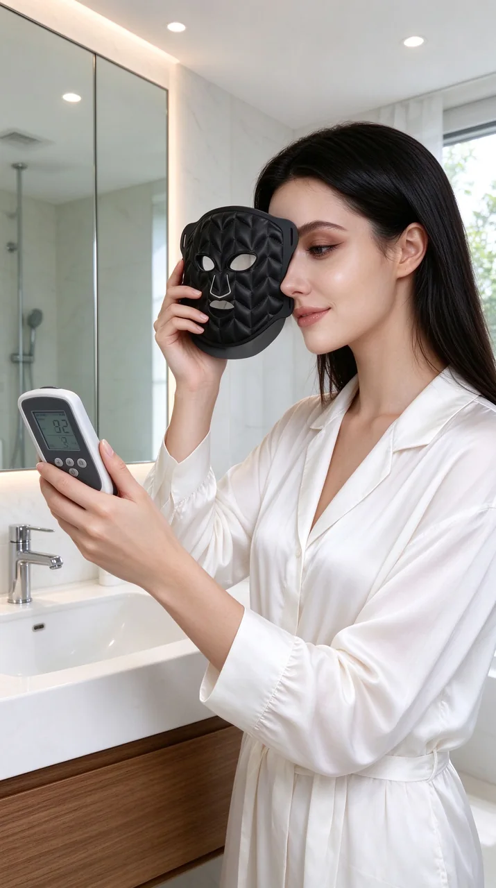 Woman holding quilted silicone LED face mask showing how to use it