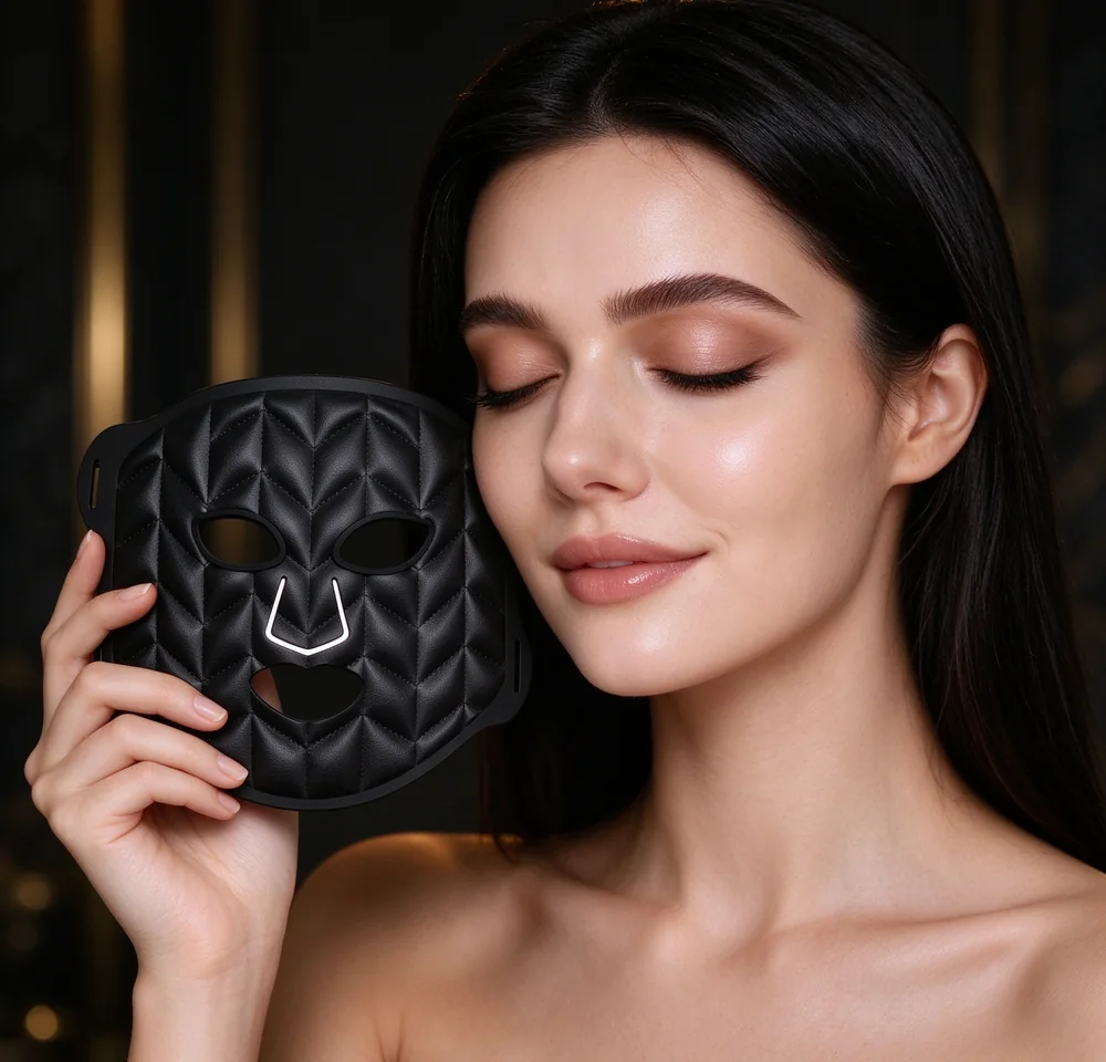 Woman holding soft food grade silicone and PU LED face mask close to her face