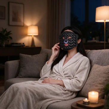 Woman wearing Qcured silicone and PU LED face mask at home