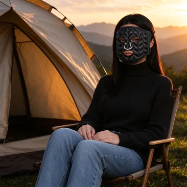 Woman wearing Qcured silicone and PU LED face mask outdoors by camping tent
