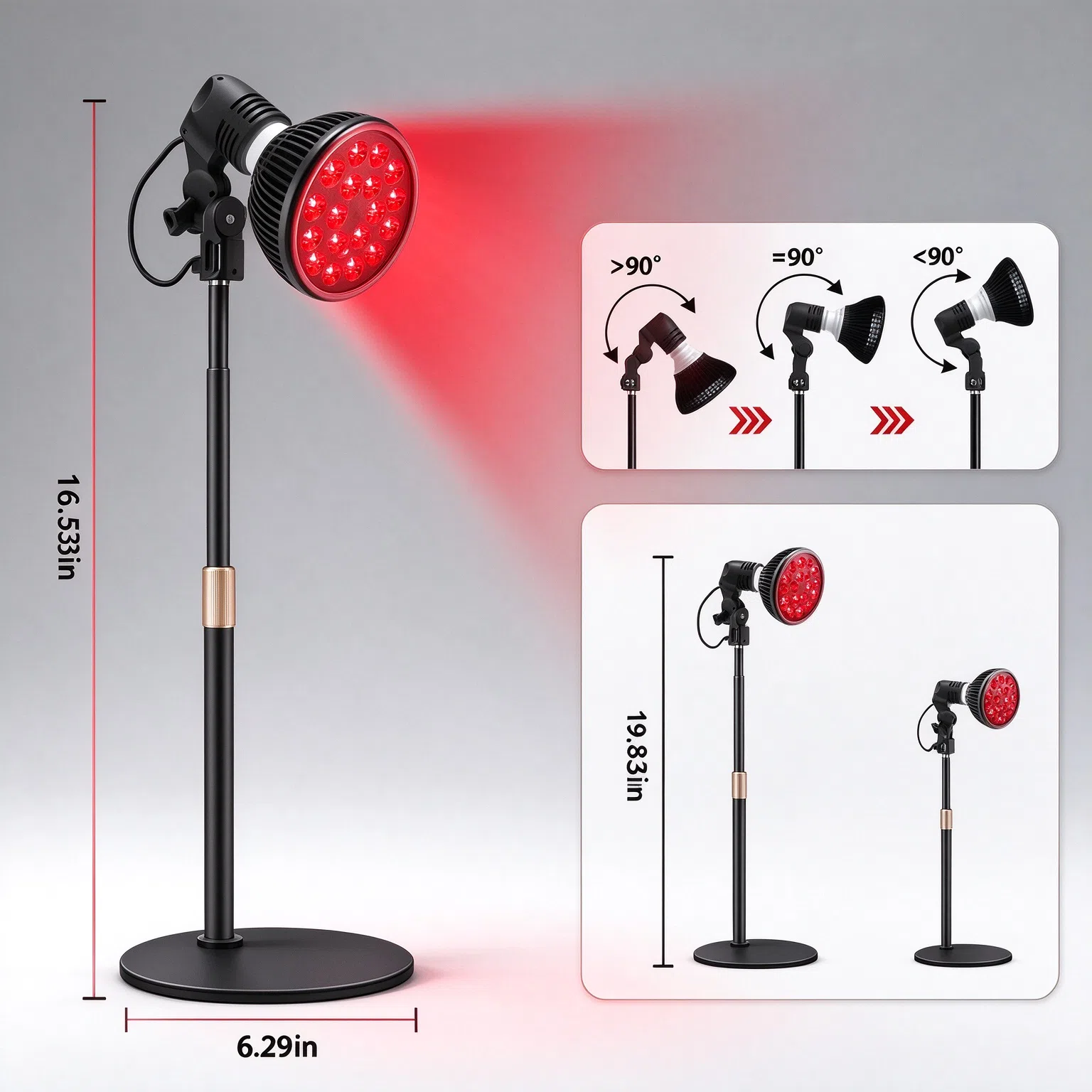 P60 red light therapy lamp with adjustable height stand and swivel lamp head