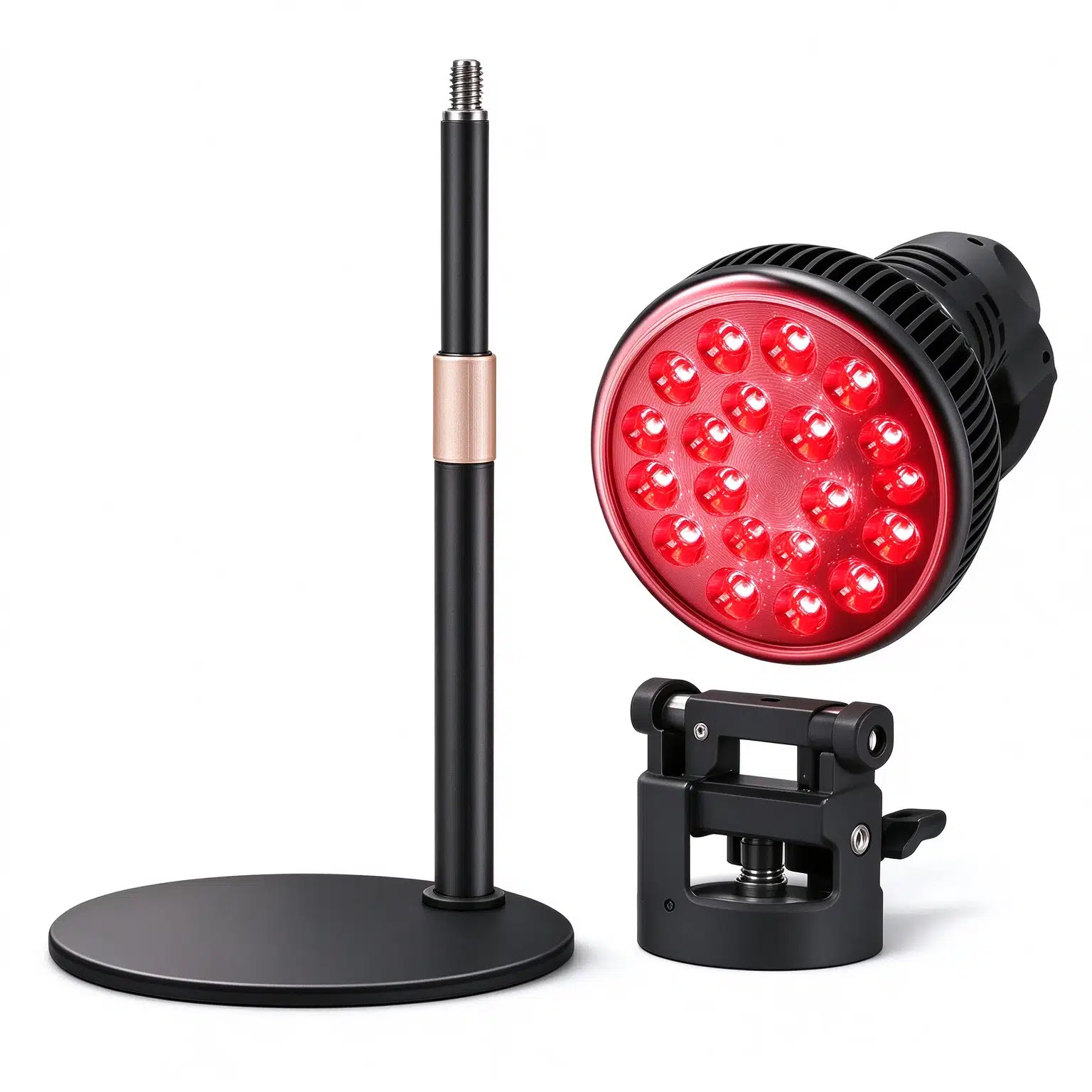 P60 red light therapy lamp components disassembled on white background showing base pole bracket and LED bulb