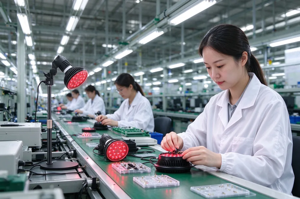 Qcured clean electronics factory production line assembling red light therapy lamps