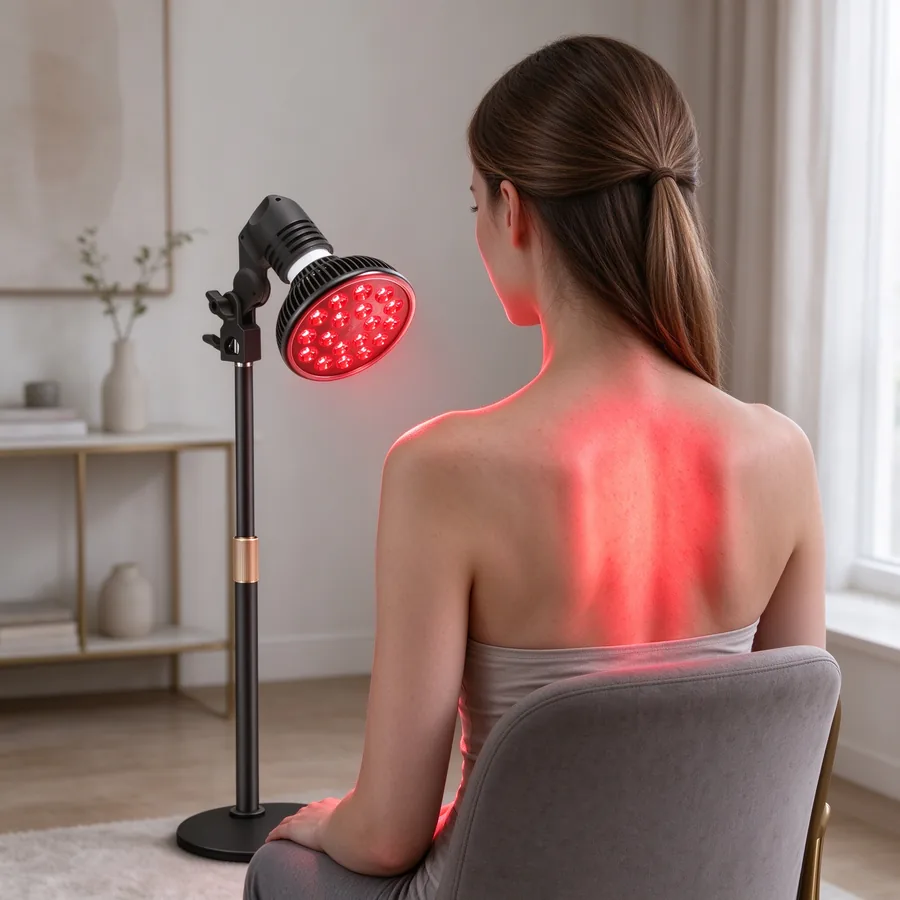 Person receiving red light on upper back and shoulders from P60 lamp