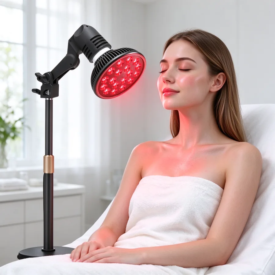 Woman enjoying red light facial care under P60 lamp in bright spa room