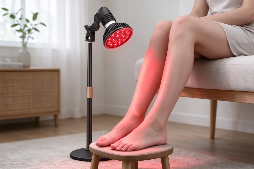 Feet resting on small stool under P60 red light therapy lamp