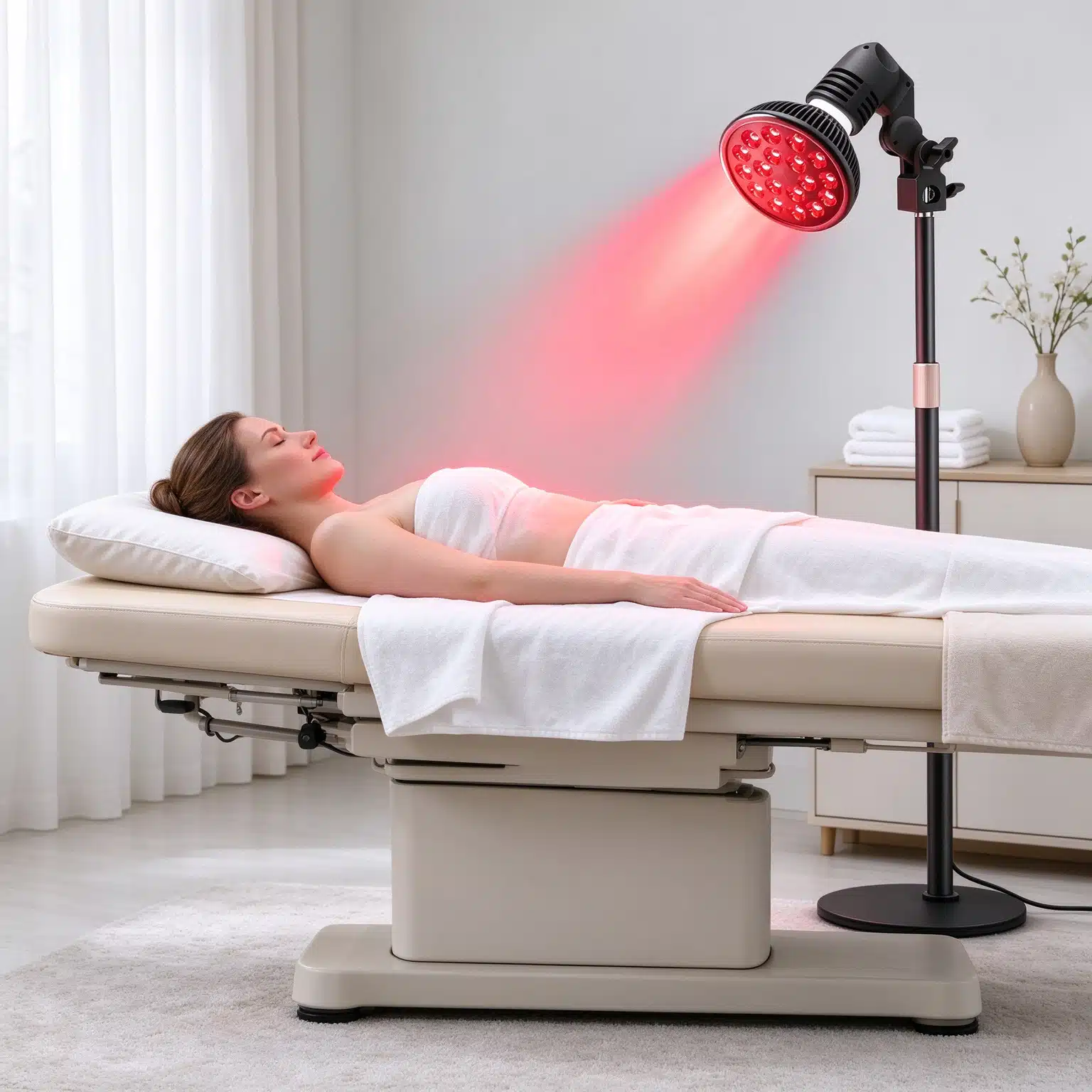 Qcured P60 red light therapy lamp emitting warm red beam on studio background