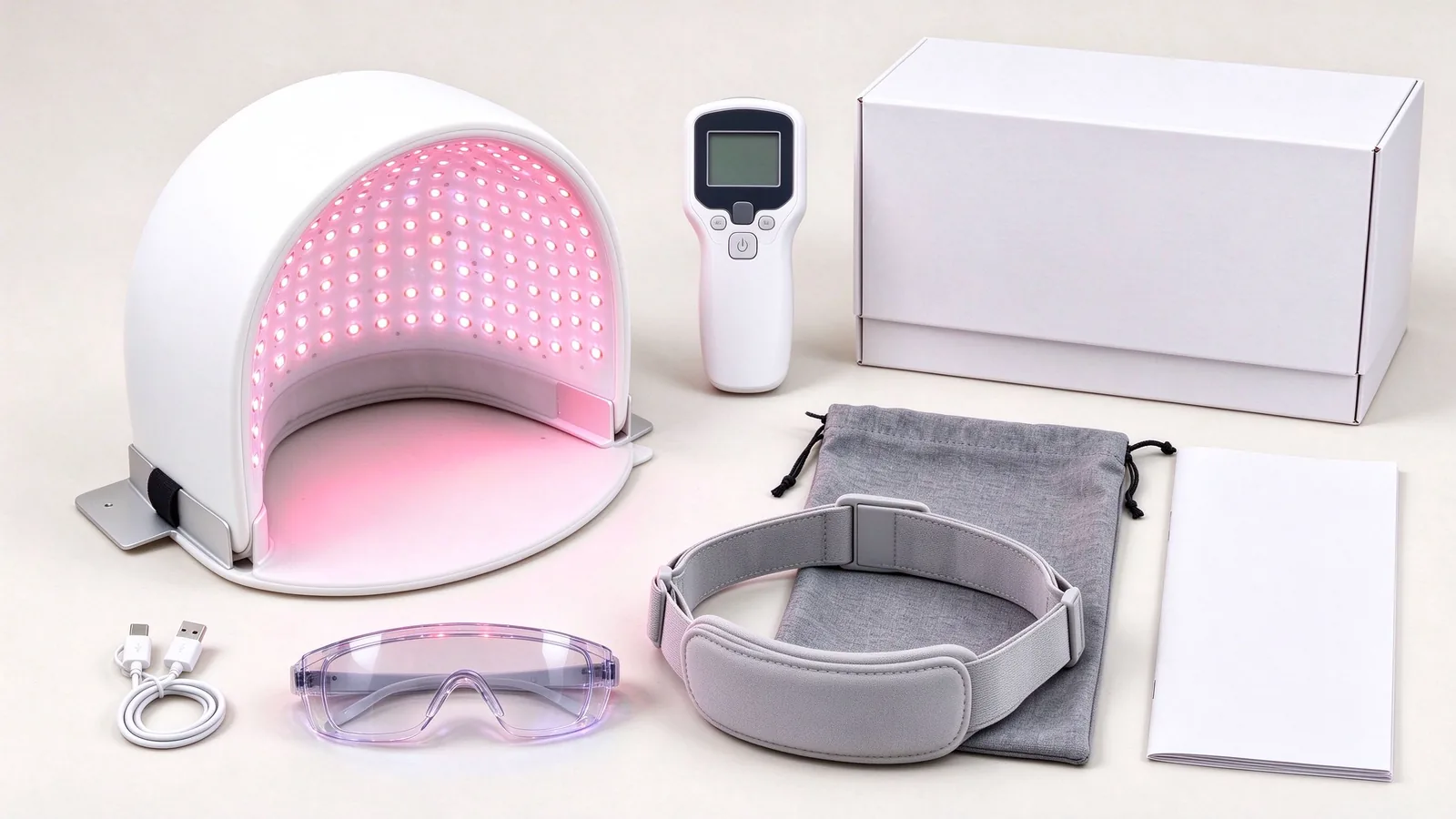 Full package contents of the Qcured PDT light therapy device