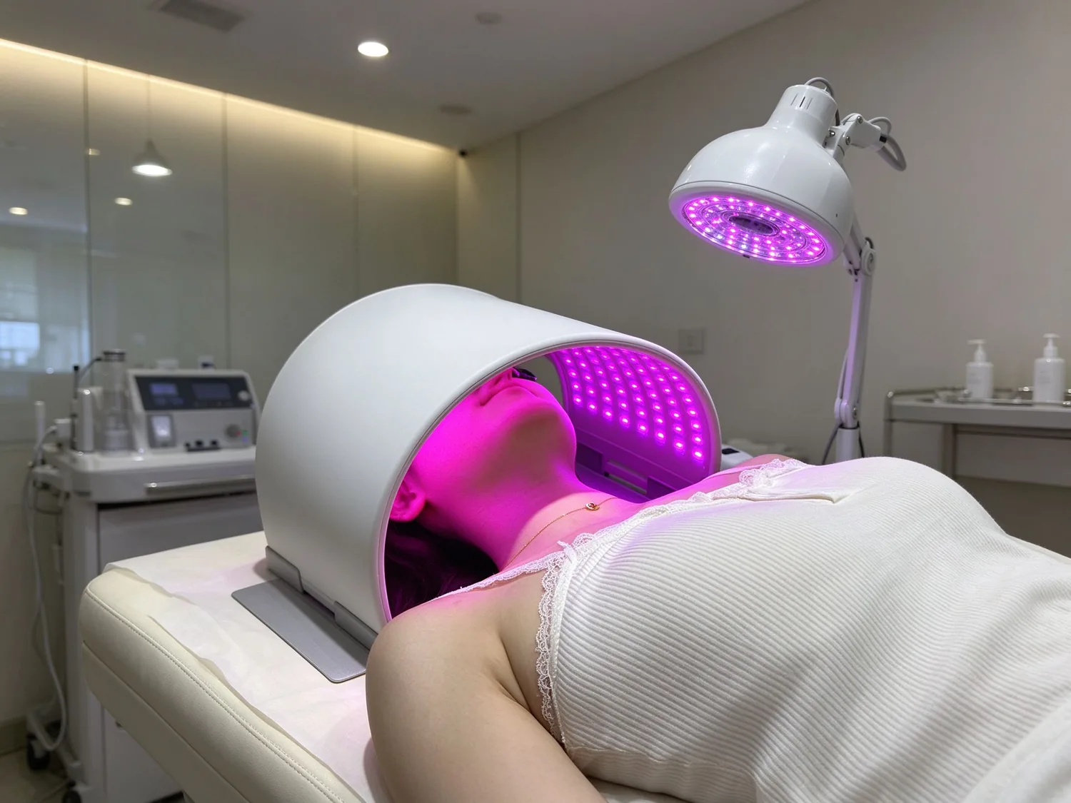 Qcured PDT light therapy device used in a beauty salon