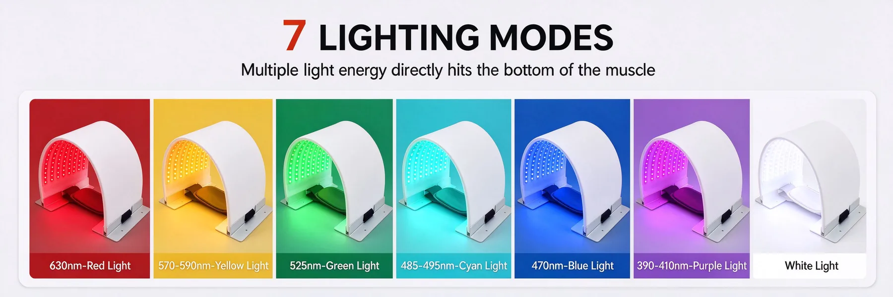 Seven light color modes of the Qcured PDT light therapy device