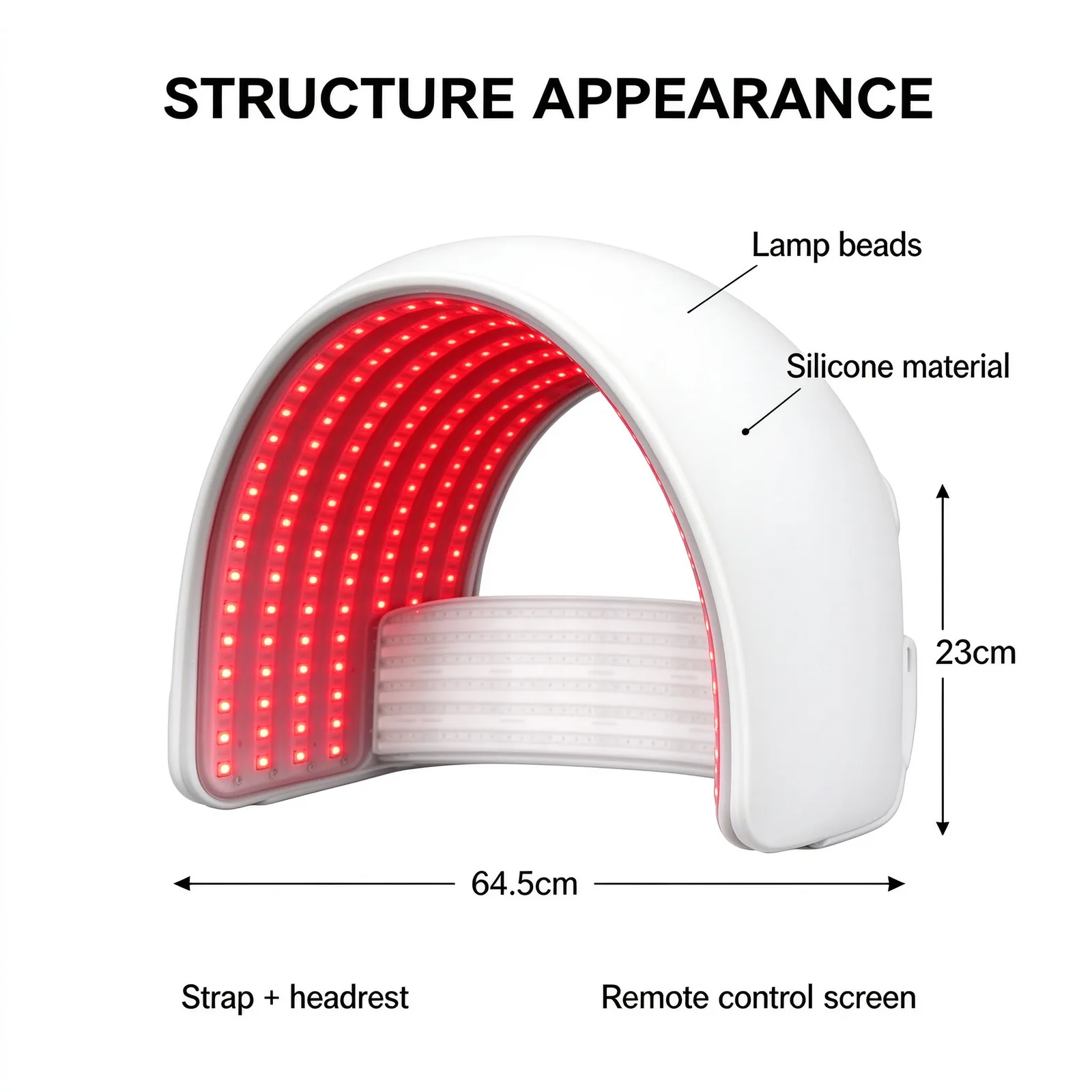 Qcured PDT light therapy device size diagram 645 x 230 x 50 mm