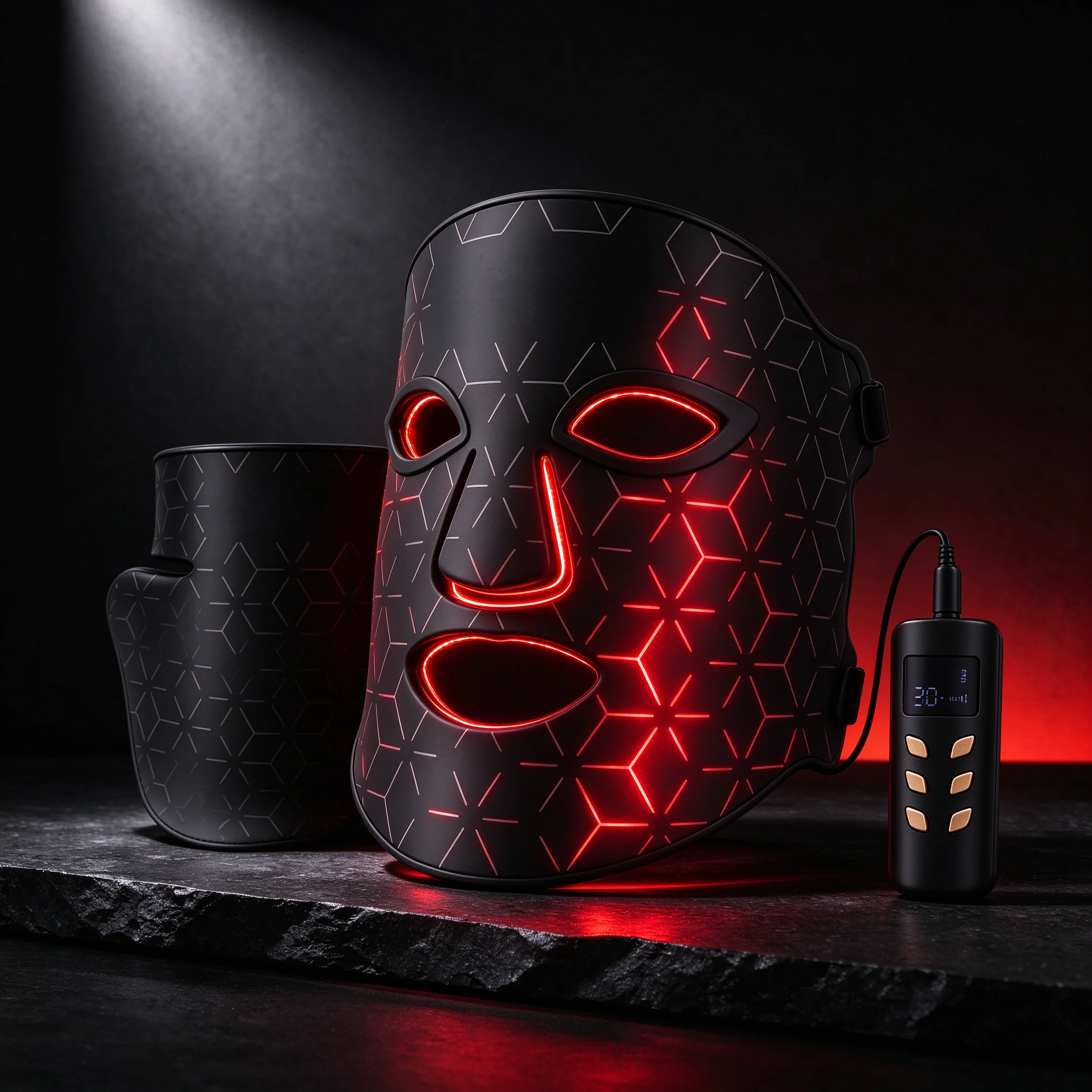 Face mask and neck cover pair with 480 LEDs glowing red