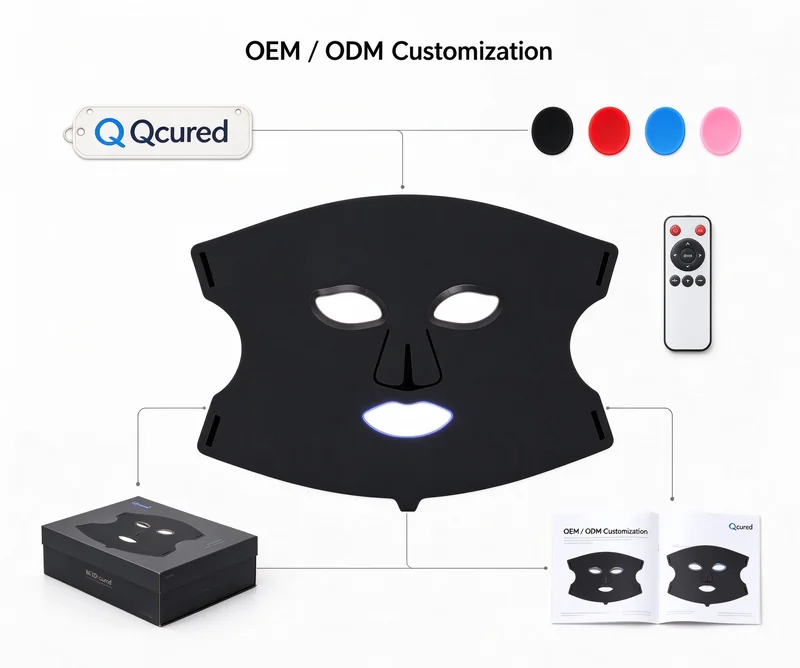 OEM ODM customization options for LED silicone face mask: logo, color, spectrum, controller logo, manual and packaging
