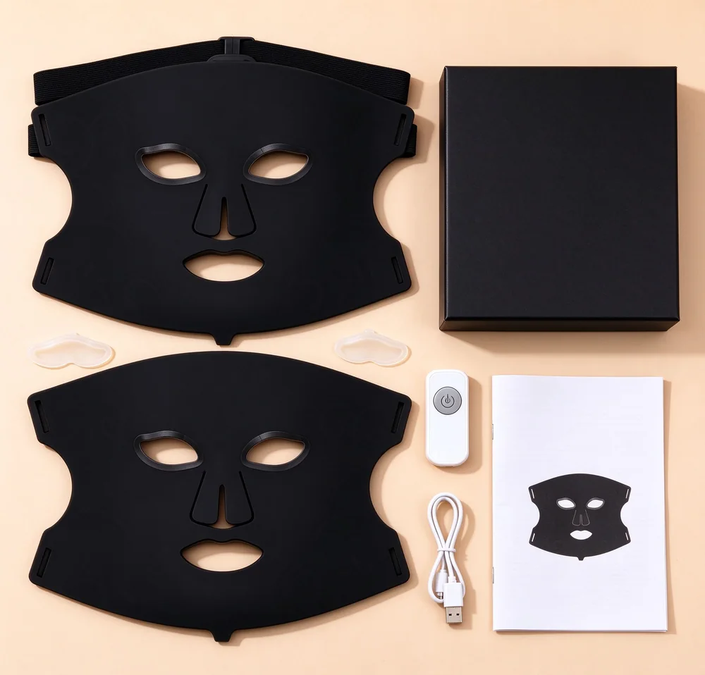 Qcured LED face mask package contents: mask, straps, eye protectors, manual, USB cable, box and remote
