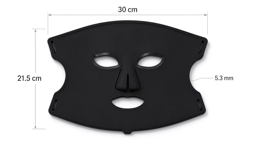 Qcured LED face mask size diagram, 30 cm by 21.5 cm
