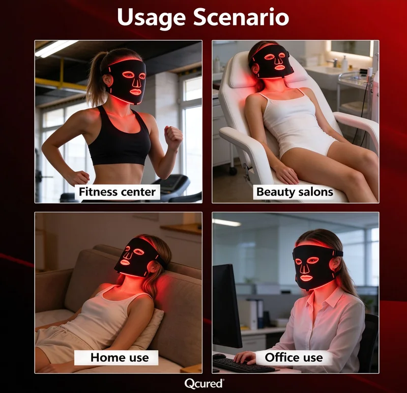 LED face mask usage scenarios: fitness center, beauty salon, home use and office use