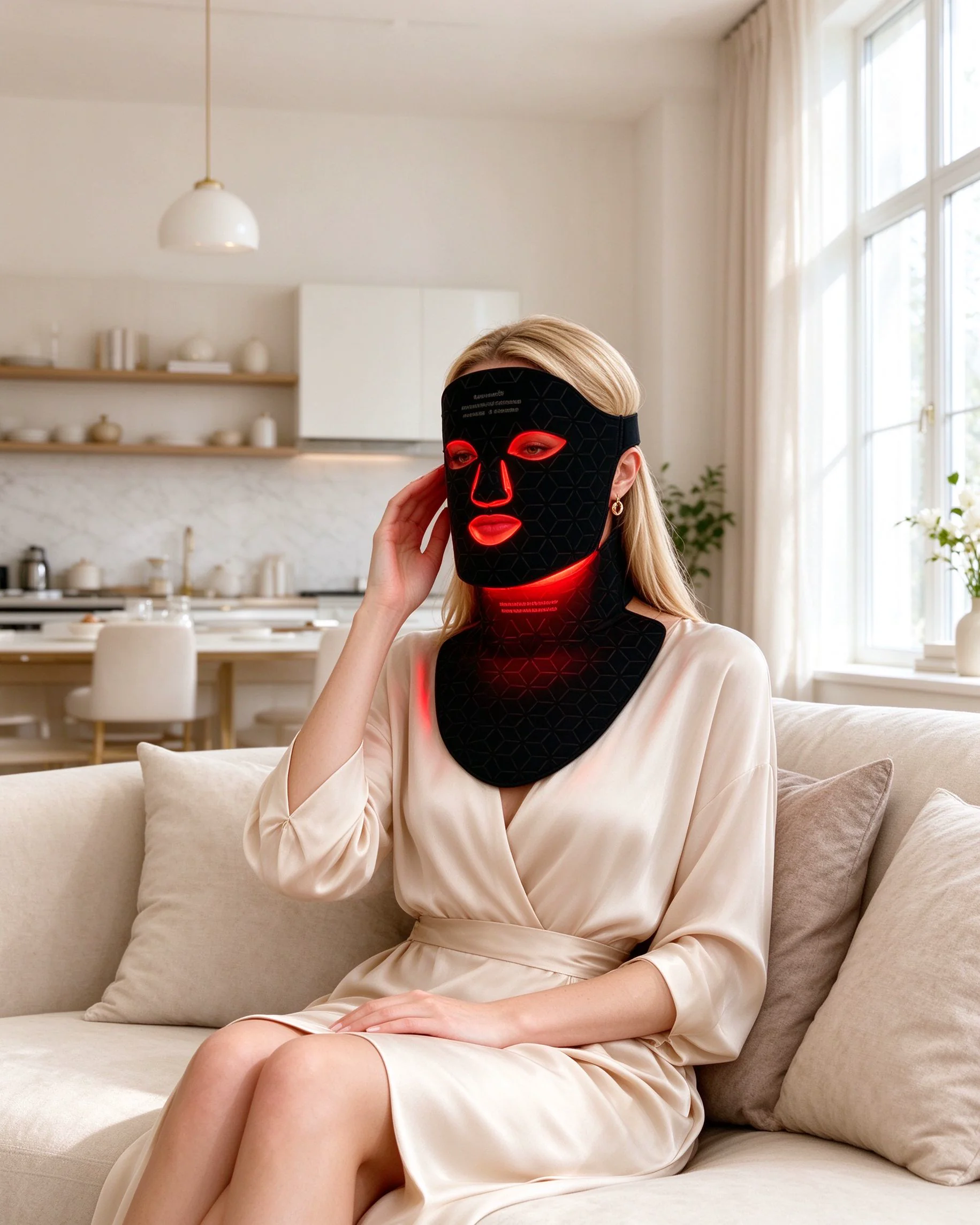 Woman wearing the LED mask at home