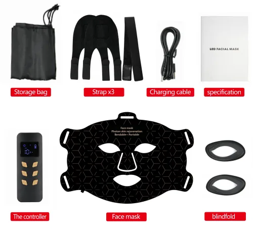 Qcured Red Light Face Mask accessories list: storage bag, three straps, charging cable, manual, controller, face mask and blindfold