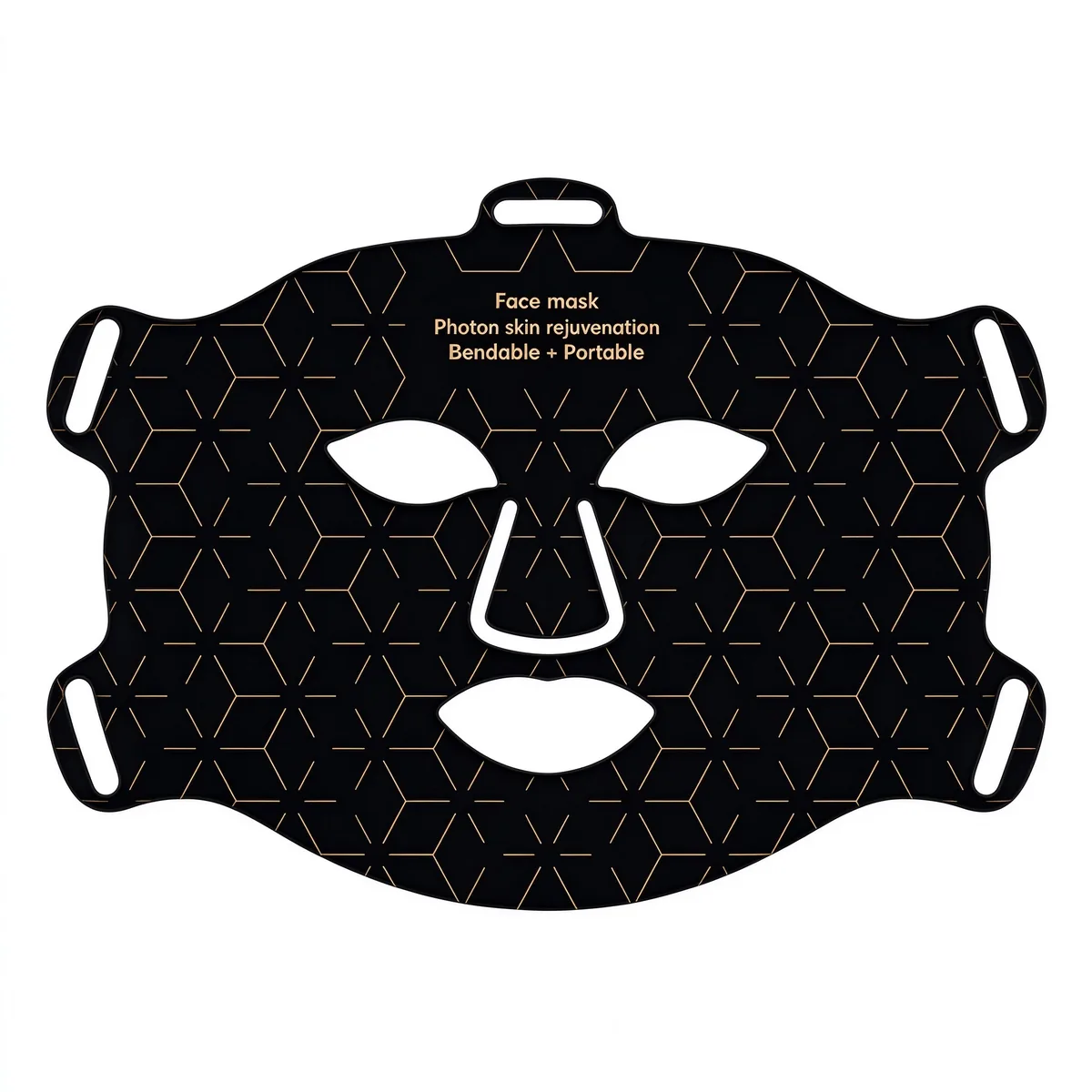 Qcured Red Light Face Mask black silicone LED mask front view with four ear straps and eye, nose and mouth openings