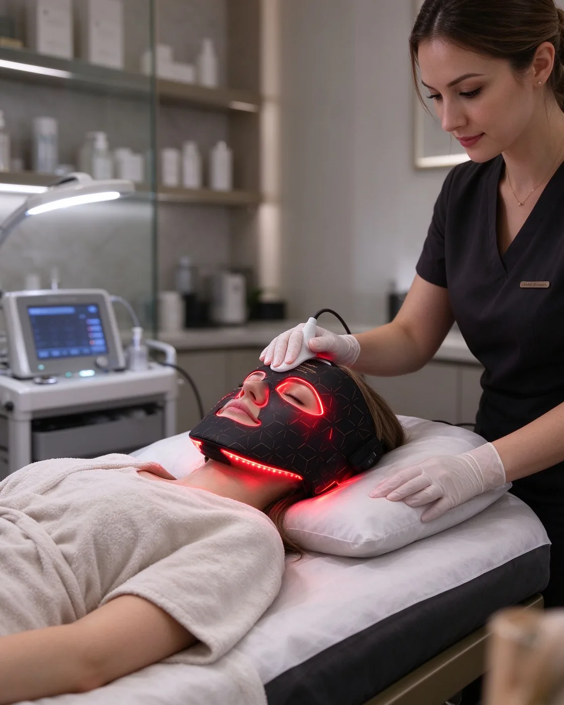 Client wearing the Qcured LED face mask during a facial session in a modern beauty salon