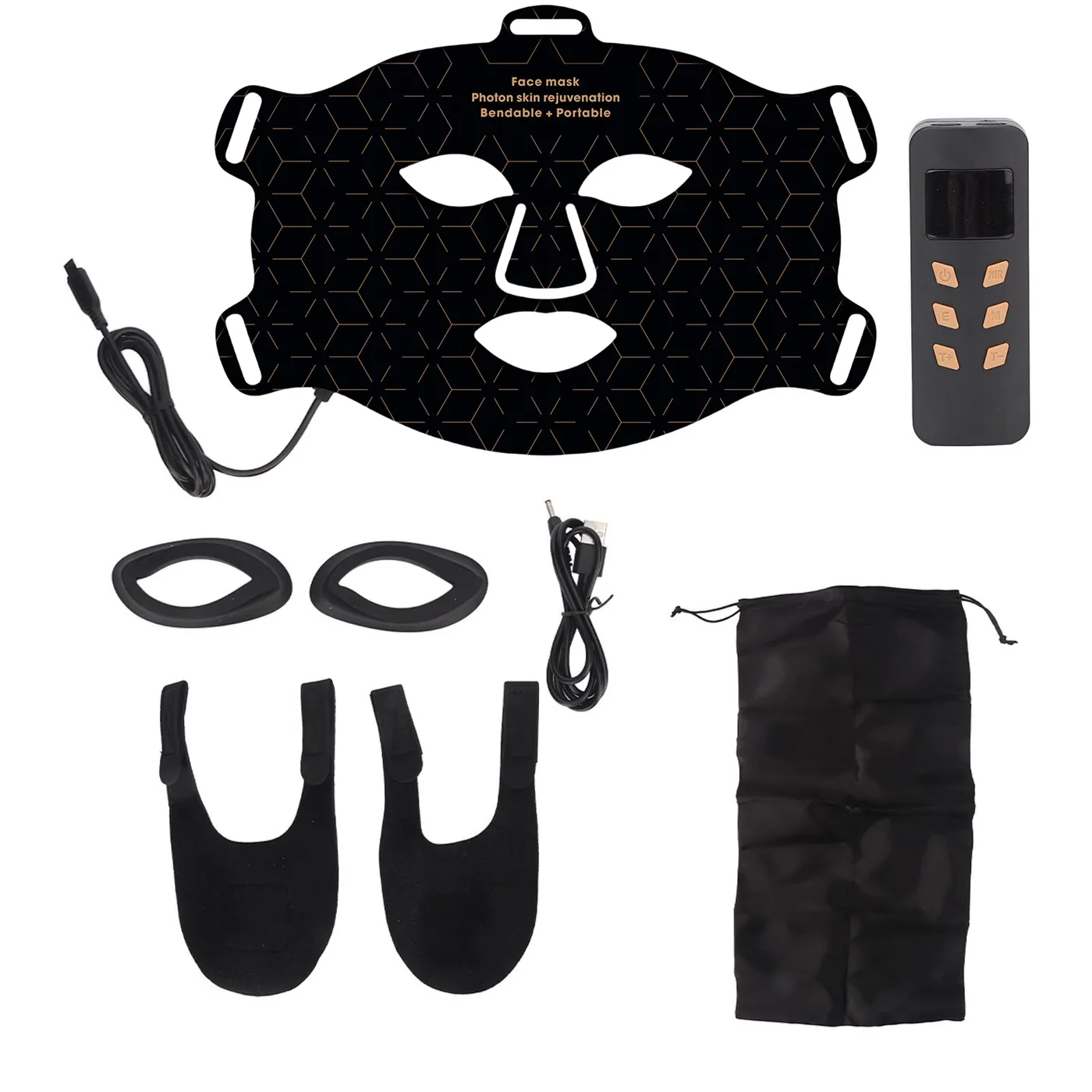 Qcured Red Light Face Mask complete kit: black silicone LED mask, controller, eye shields, straps, charging cable and storage bag