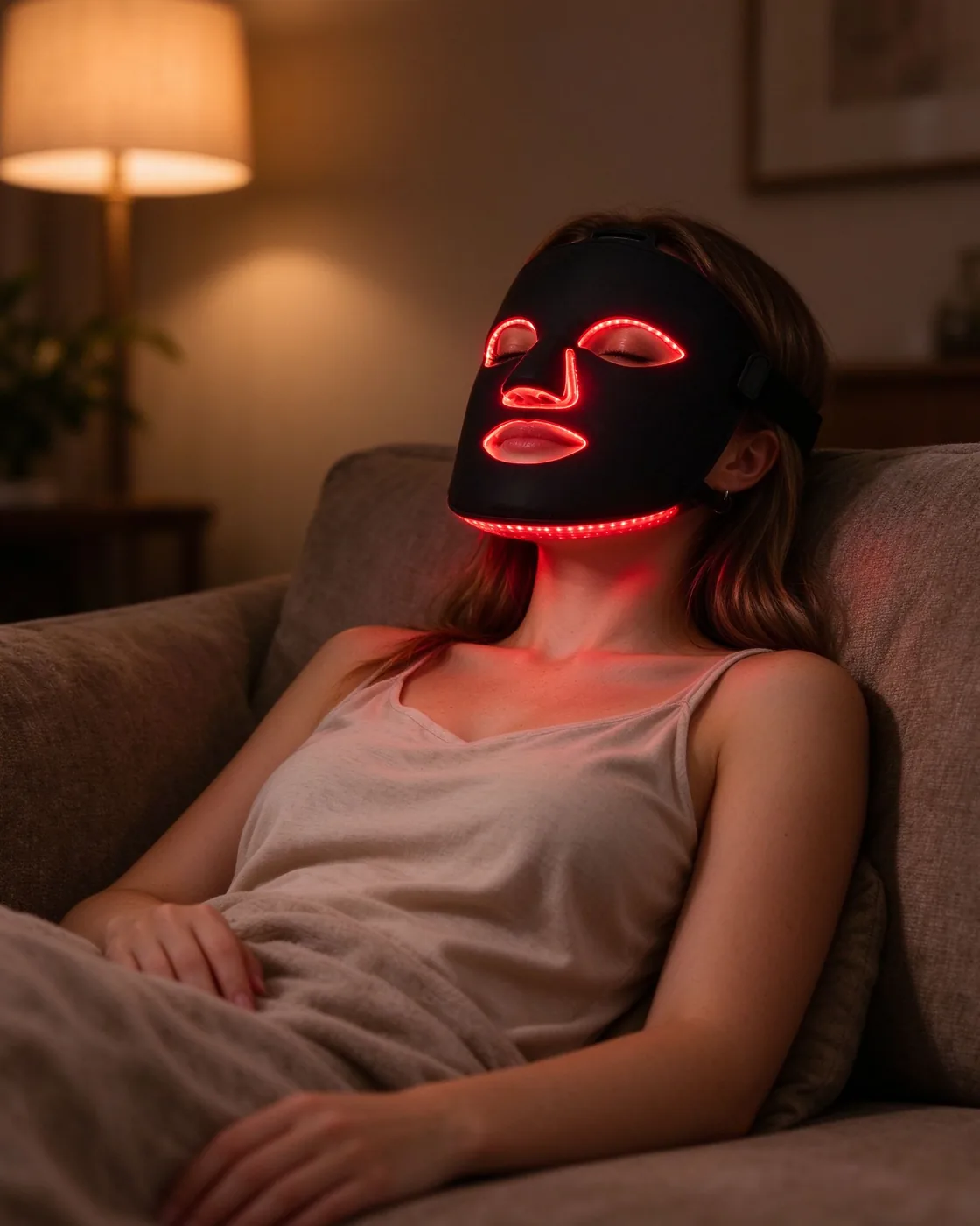 Woman relaxing at home wearing the Qcured Red Light Face Mask during an evening skincare routine