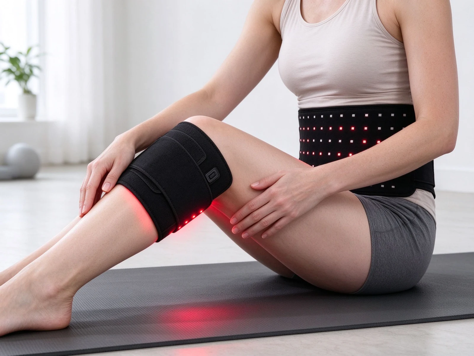 qcured red light knee wrap worn on yoga mat