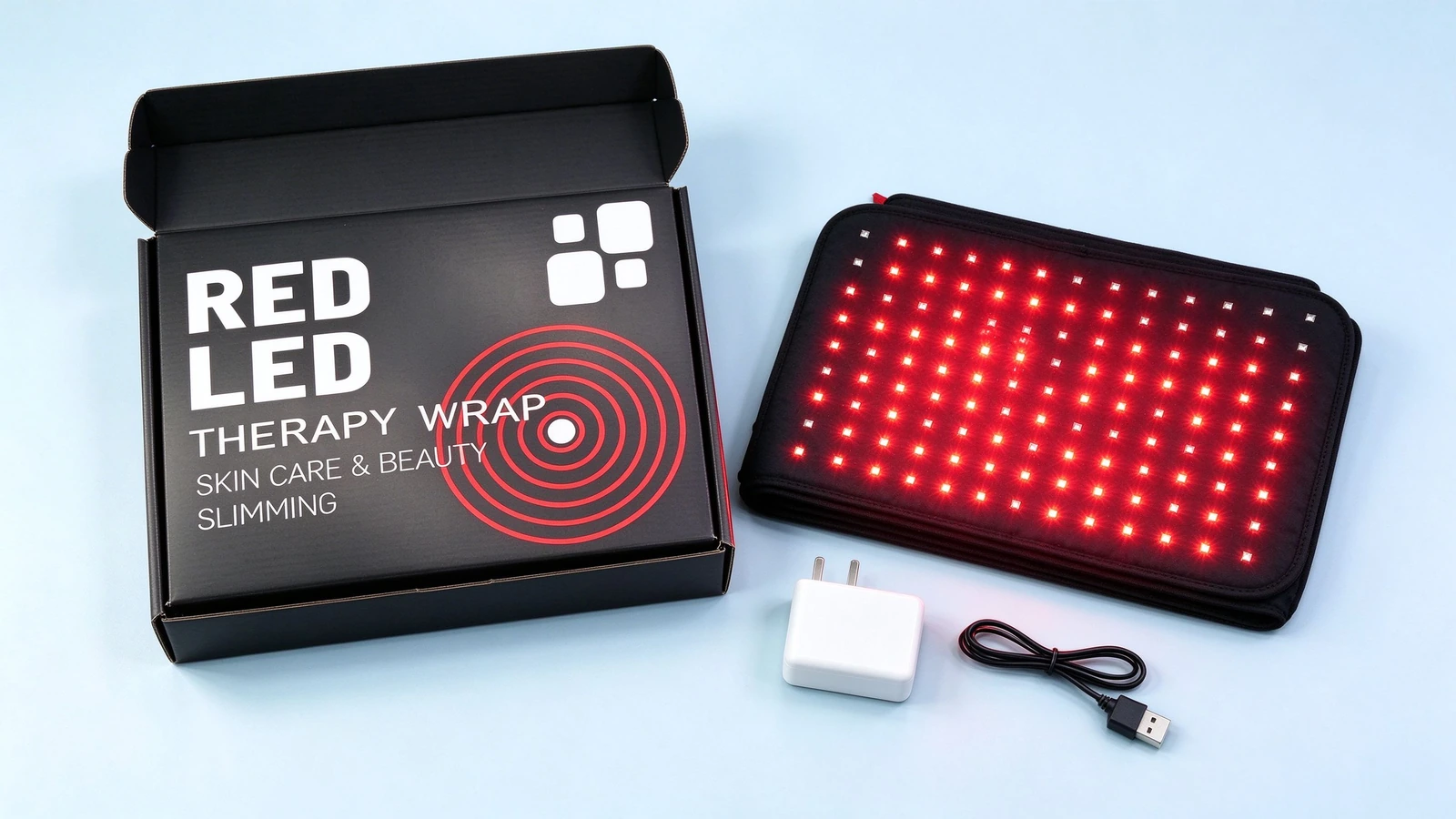 qcured red light therapy pad box contents flat lay