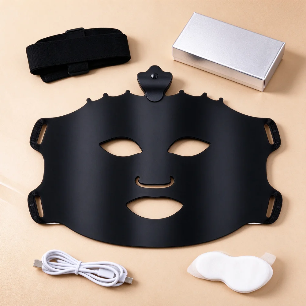 Qcured RGB liquid silicone facemask kit with black LED mask, USB cable, eye masks, fixing strap and silver gift box
