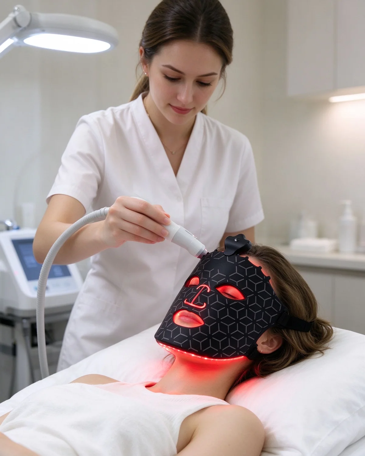 Client wearing the Qcured RGB LED face mask during a facial session in a modern beauty salon