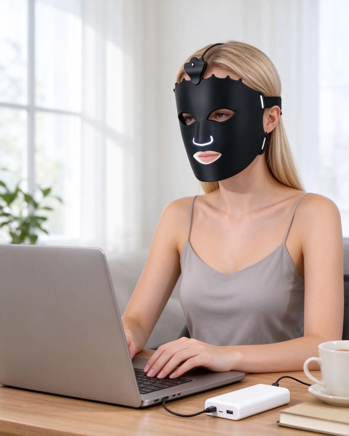 Model wearing the Qcured RGB liquid silicone facemask plugged into a USB power bank at a desk