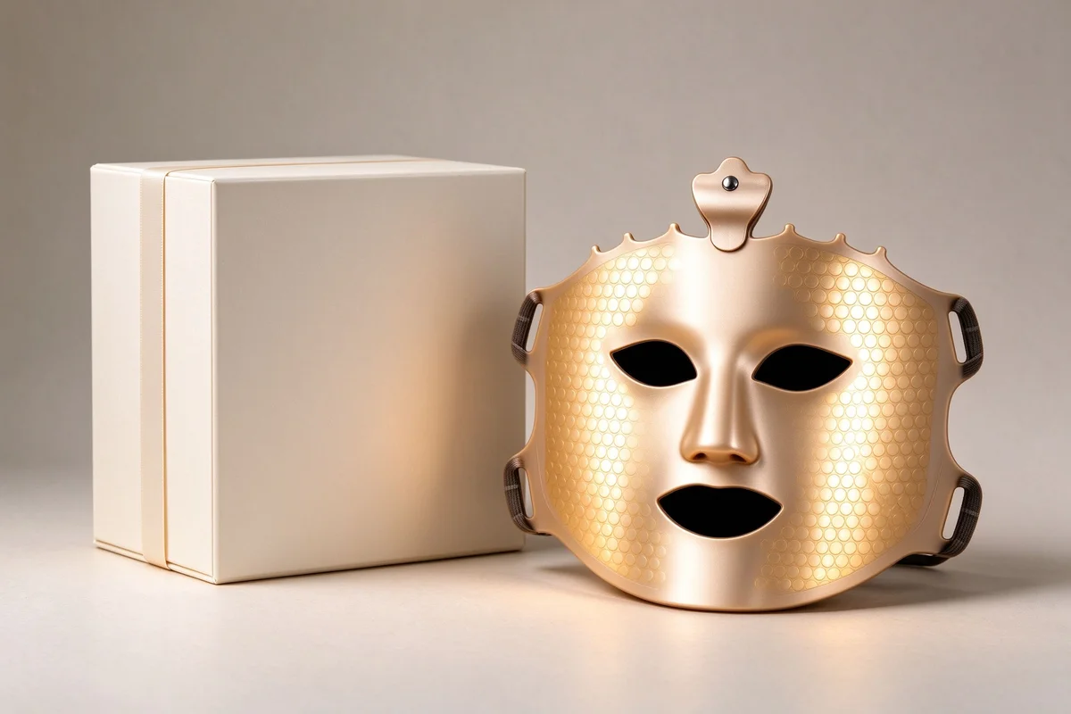 Custom branded Qcured RGB LED face mask project for a Nordic skincare brand with custom gift box