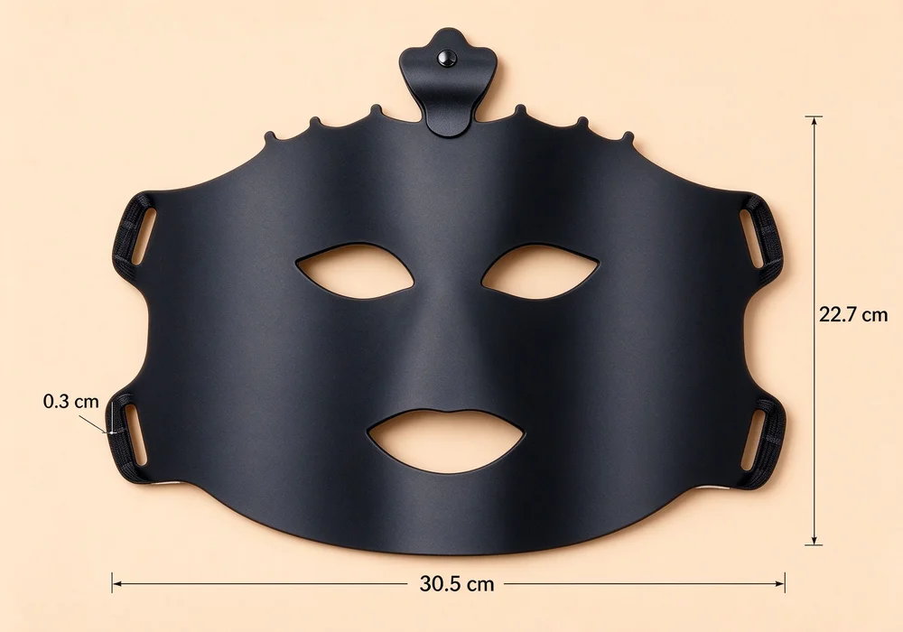 Dimensions of the Qcured RGB liquid silicone facemask: 30.5 cm wide, 22.7 cm high, 0.3 cm thick