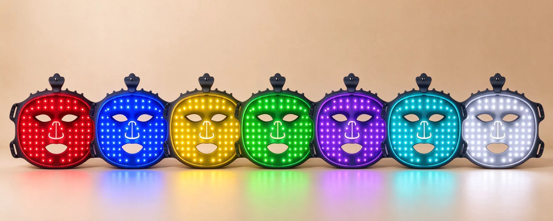 Seven light modes of the Qcured RGB liquid silicone facemask: red, blue, yellow, green, purple, cyan and white