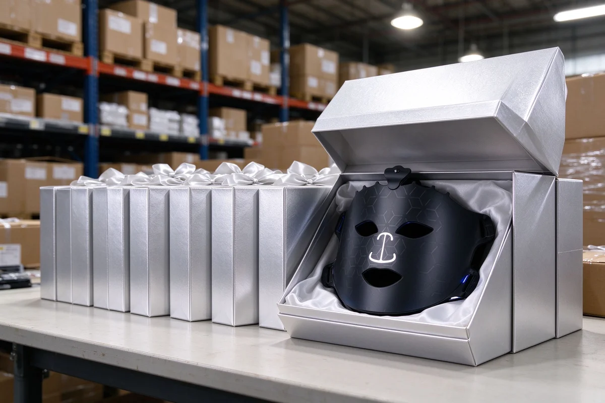 Cartons of Qcured RGB liquid silicone facemask prepared for a US med spa chain bulk order