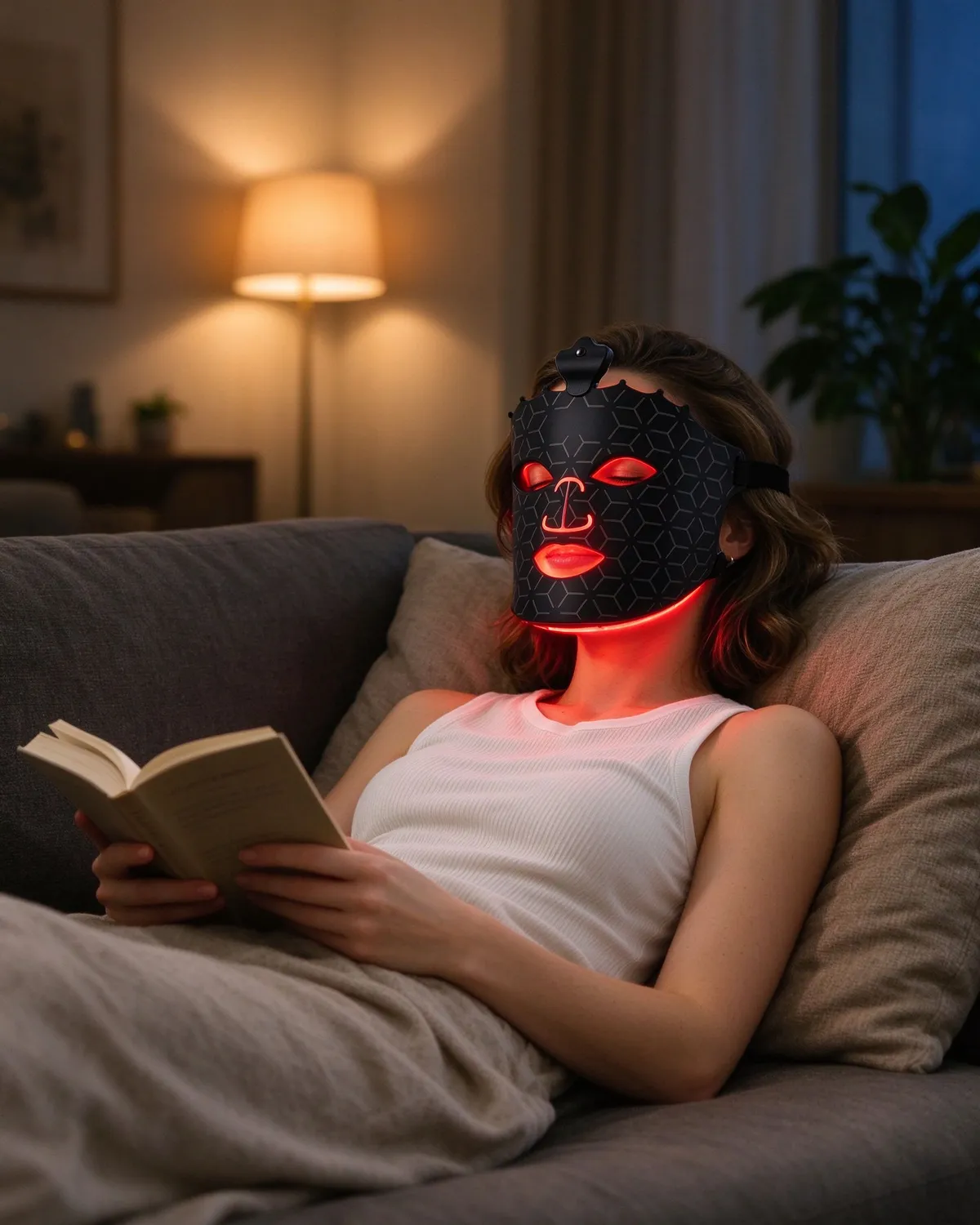 Woman relaxing at home wearing the Qcured RGB liquid silicone facemask during an evening skincare routine