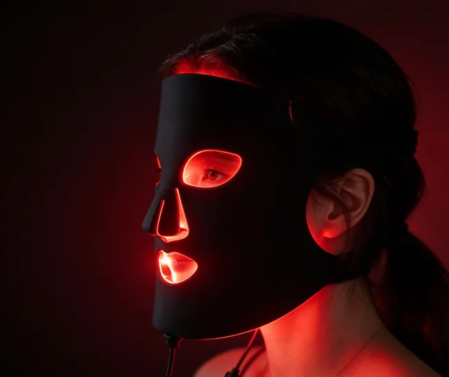 Side view of a person wearing the silicone LED face mask with red light on