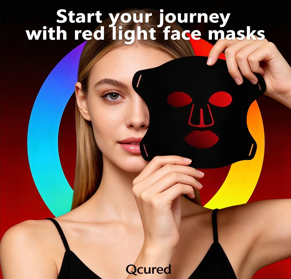 Woman holding a Qcured silicone LED face mask in front of a colorful light ring